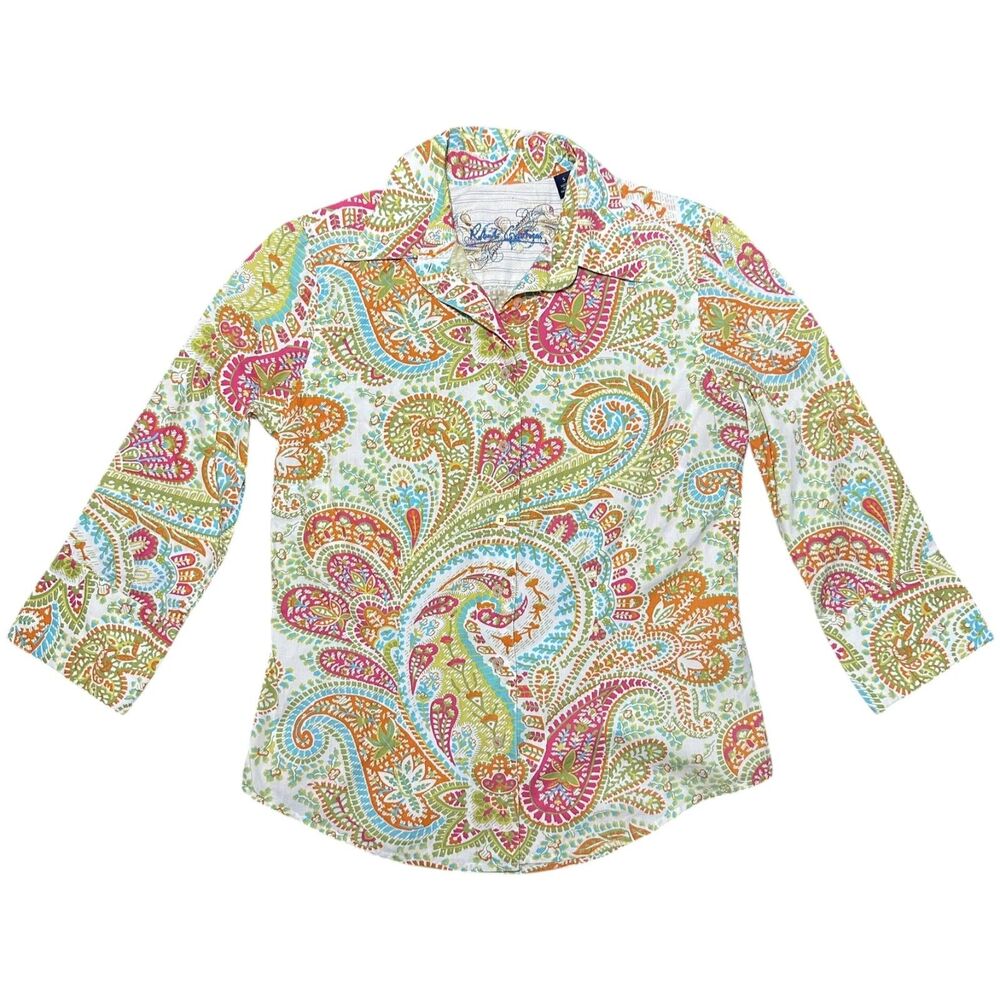 Robert Graham Bright Floral Paisley Boho Cotton Long Sleeve Button Up Top, Small